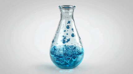 A clear glass flask filled with blue liquid and bubbles against a soft white background