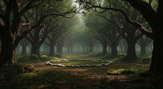 A mysterious stone circle rests in a sun-dappled clearing within an ancient, misty forest grove.