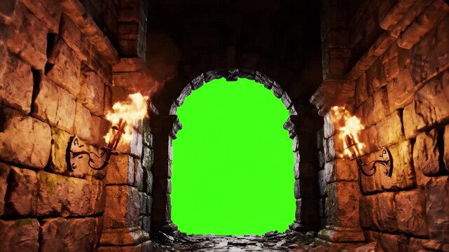 Dark stone dungeon corridor with burning torches leading to a green screen archway