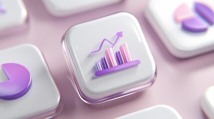3D-rendered illustration of a square button with business data chart icons. Soft pastel background