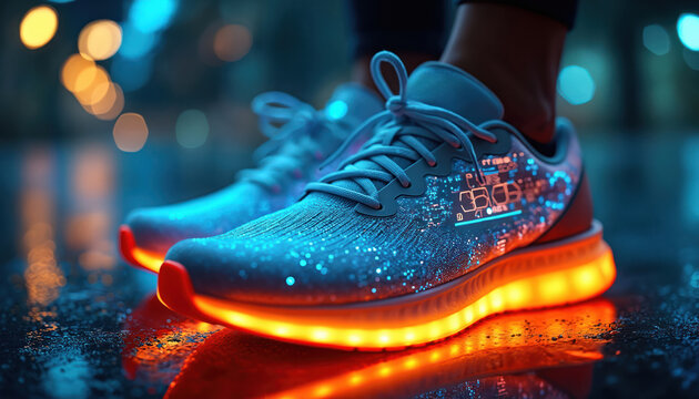 Futuristic glowing sneakers with digital data display on side. Neon orange sole shines bright. High tech footwear for nighttime urban running. - Powered by Adobe