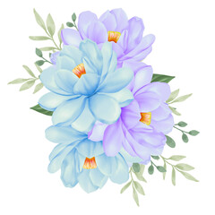Watercolor Painting of Blue and Purple Flowers Bouquet 