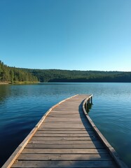 Obraz premium Wooden pier curves into calm blue lake surrounded by green forest under clear sky. Peaceful waterscape offers quiet nature scene for recreation and relaxation.