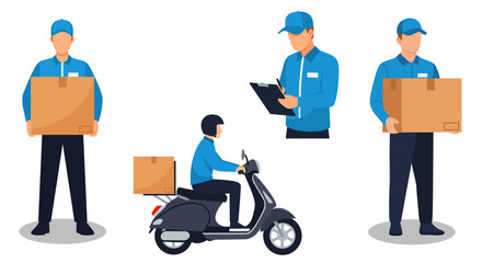A modern flat design vector set illustrating key personnel in logistics and delivery services. The set features male couriers in blue uniforms carrying packages, and performing delivery on a scooter