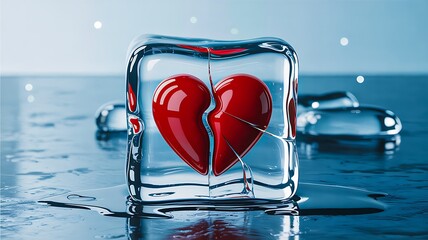 Broken red heart trapped in melting ice cube on reflective surface
