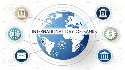 Circular arrangement of national bank icons representing global financial unity, international monetary cooperation, worldwide banking networks, and multinational economic system integration.