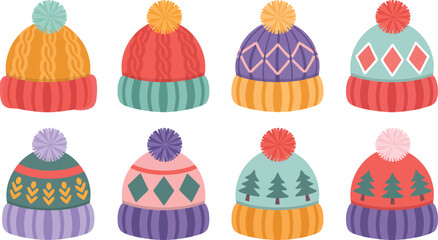 A vibrant collection of knitted winter hats with charming patterns and soft pom poms ready for cold temperatures