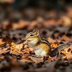 A small striped chipmunk foraging for food among fallen leaves in a sun-drenched autumn forest, stuffing its cheek pouches, striped, mammal, autumn