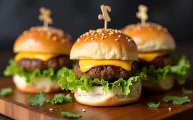 Mini sliders with sesame buns, melted cheese and lettuce ideal for pub food menus and food delivery stock visuals. High quality