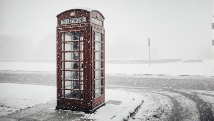 Red Telephone Box in a Snowy Landscape, United Kingdom.