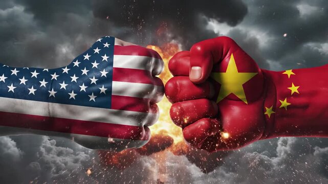 Symbolic clash between usa and china represented by fists with national flags exploding