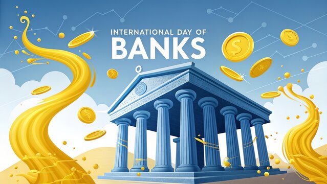 Futuristic finance themed design featuring blue bank pictograms, digital economic technology, global fintech innovation, monetary systems, and modern financial communication elements. - Powered by Adobe