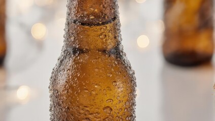 Refreshing Beer Bottle with Condensation on a Bright Surface.