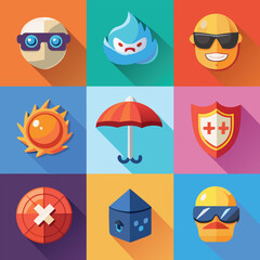 Fototapeta premium Nine flat design icons with long shadows on colorful backgrounds Keywords: icons, flat design, long shadow, graphic design, illustration, symbols