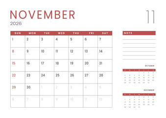 Monthly page Calendar Planner Template design of November 2026. Vector layout of calendar with week start Sunday for Scheduling. Page for size A4 or 21x29.7 cm