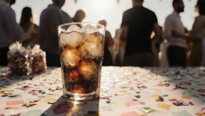 Refreshing Cola Drink with Ice at a Lively Outdoor Gathering.