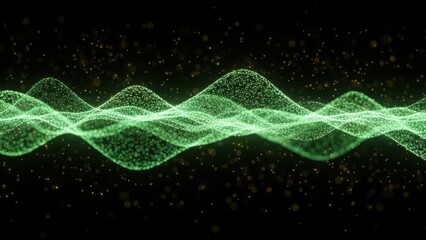 Green glowing particle wave flowing dynamically in a digital space, representing abstract data visualization and futuristic technology concepts.