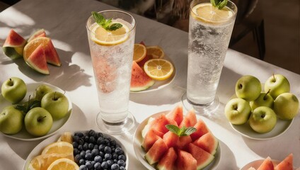 Refreshing Fruit Display with Sparkling Drinks and Citrus Accents.
