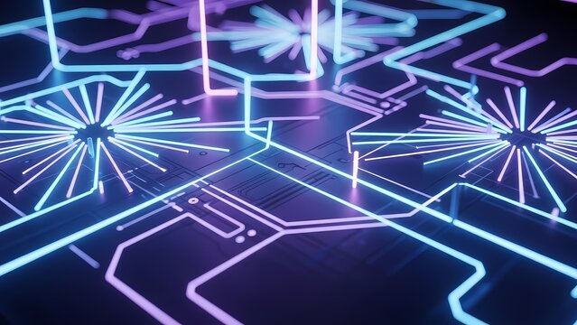 Modern circuit board design with glowing neon lights for tech industry - Powered by Adobe