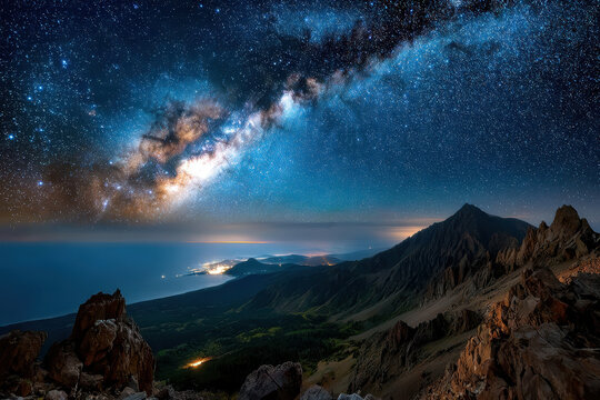 Starry Night Sky Over Coastal Mountains and Milky Way - Powered by Adobe