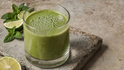 Refreshing Green Smoothie with Lime and Mint on Stone Slab.