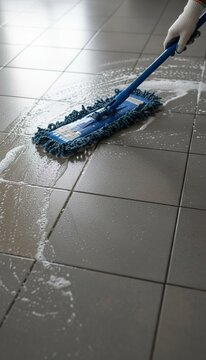 Limpieza minuciosa de suelo de baldosas grises con mopa de microfibra y espuma detergente, ideal para mantenimiento profesional e higiene dom&eacute;stica