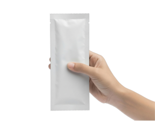 Hand holding blank white sachet packaging mock-up for branding design. isolated on transparent background