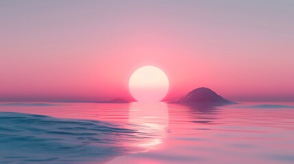 Pink sunset over ocean with rock formation isolated on transparent background