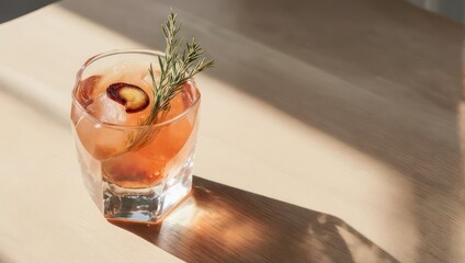 Refreshing Cocktail with Rosemary Garnish on a Sunny Surface.