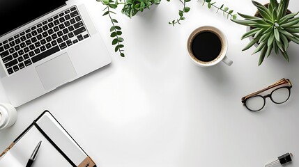 Modern workspace with laptop coffee and plants isolated on transparent background