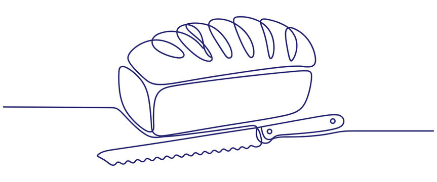 Single line drawing of bread loaf with serrated knife art