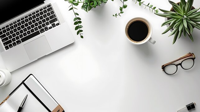 Modern workspace with laptop coffee and plants isolated on transparent background