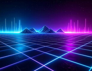 Electrifying Neon Horizon A Dynamic Retro-Futuristic Digital Realm with Glowing Grids and Abstract Peaks