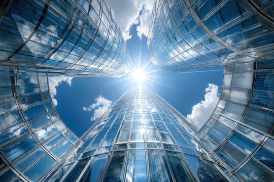 Modern glass skyscrapers against a vibrant blue sky
