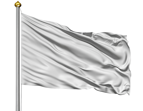 Waving white flag on flagpole, a neutral blank banner concept for design isolated on transparent background