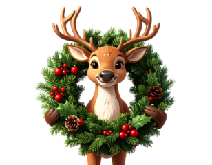 Cute cartoon reindeer wearing a christmas wreath isolated on transparent background