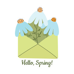 Spring Envelope with Flowers Illustration. Hello Spring Greeting Card
