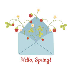 Spring Greeting Card with Strawberries in an Envelope