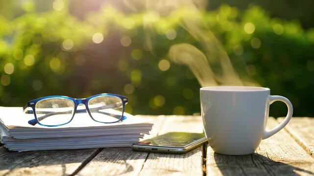 Steaming coffee mug, glasses, and phone on a rustic wooden table in morning sunlight