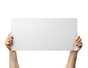 Pair of hands holding a plain white rectangular sign, ready for custom text isolated on transparent background