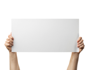 Pair of hands holding a plain white rectangular sign, ready for custom text isolated on transparent background