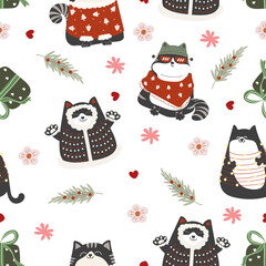 Cute christmas cats seamless pattern featuring cozy holiday sweaters, festive decorations, and joyful winter vibes in playful design.