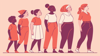 Diverse group of women walking together, celebrating female empowerment and sisterhood, ideal for promoting inclusivity and growth, showing strength and unity in numbers