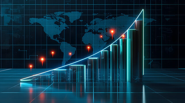 business graph on blue background, stock market graph on red, abstract background with arrows, Financial Growth Chart with Rising Trend 