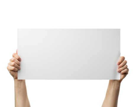 Pair of hands holding a plain white rectangular sign, ready for custom text isolated on transparent background - Powered by Adobe