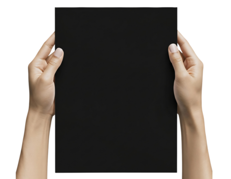 Pair of hands holding a blank black paper sheet, ideal for design mockups isolated on transparent background