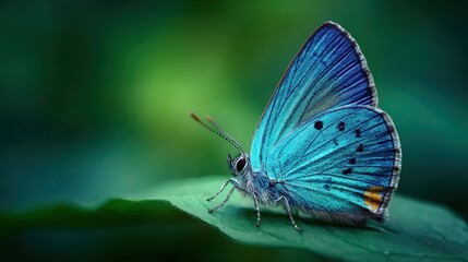 Obraz premium A vibrant blue butterfly perched on a green leaf