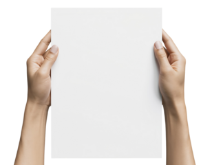 Close-up of two hands holding a blank white paper sheet with ample copy space isolated on transparent background