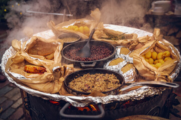 baked potatoes with meat and beans