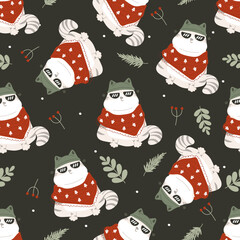 Cute christmas cats seamless pattern featuring cozy holiday sweaters, festive decorations, and joyful winter vibes in playful design.